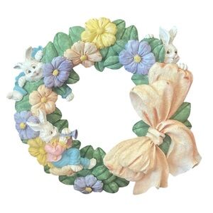 Bunny Rabbit Wreath Spring Flowers Ribbon & Bow 14" Resin York 1995